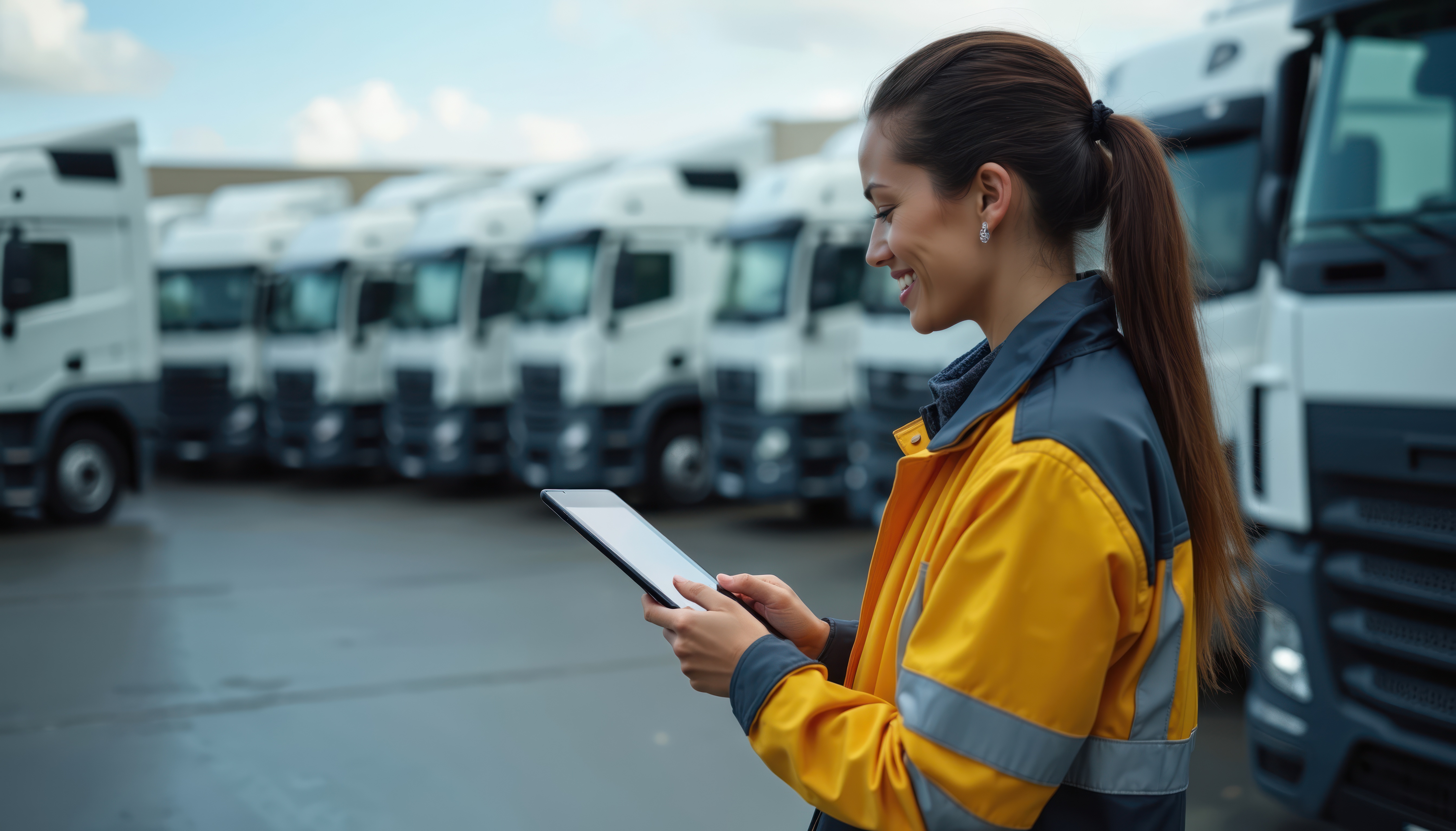 A woman looking at a clipboard, surrounded by vehicles. She seemingly is checking the status of vehicles with notes on her clipboard.